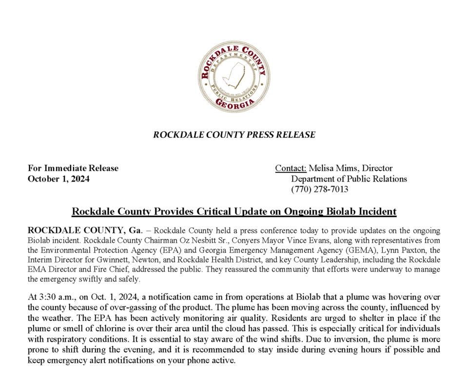 Rockdale County Provides Critical Update on the Biolab Incident